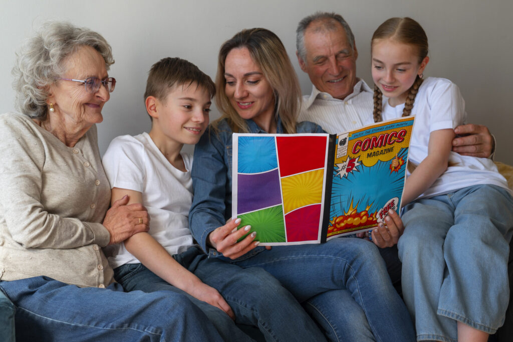 Family helping elderly loved one with digital memory book for dementia care