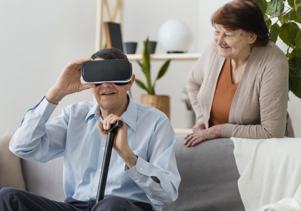 Elderly man engaging in physical therapy using a VR headset